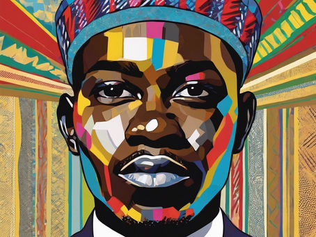 A vibrant, colorful portrait of a man wearing a patterned hat and suit, his face painted with bold geometric shapes in bright hues of red, yellow, blue, and green. The background radiates with dynamic lines and patterns, symbolizing strength, potential, and alignment with higher purpose.