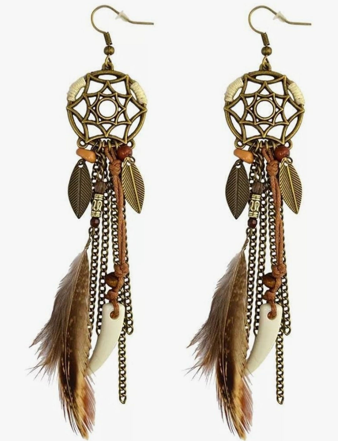Brown Dream Catcher Feather Earrings Vintage Bohemian Ethnic