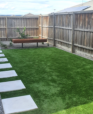 Artificial grass, bench seating, timber bench seat, concrete steppers, xeriscape ideas