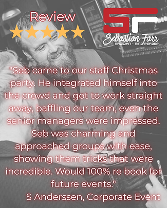 Guests reacting with laughter and amazement to Sebastian Farr, professional close-up magic