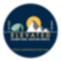 Camping Elevated Logo a dark blue circle with a horizontal white line with a setting sun behind three mountains and a turquoise teardrop style trailer on the top portion, Elevated Camping Experience in letters is on the bottom