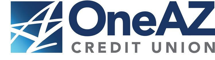 Blue and white OneAZ Credit Union logo with abstract design and bold text.