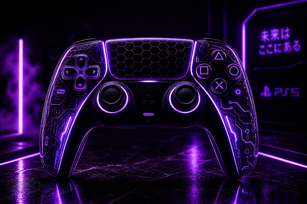 Leuchtender lila PS5 Custom Controller mit Schaltkreisdesign.