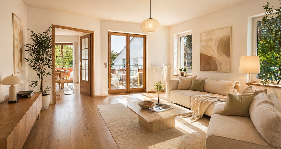 Modernes Home Staging Wohnzimmer mit hochwertigen Naturmaterialien, warmem Holzfußboden, heller Einrichtung und viel Tageslicht – optimal inszeniert für den Immobilienverkauf.
