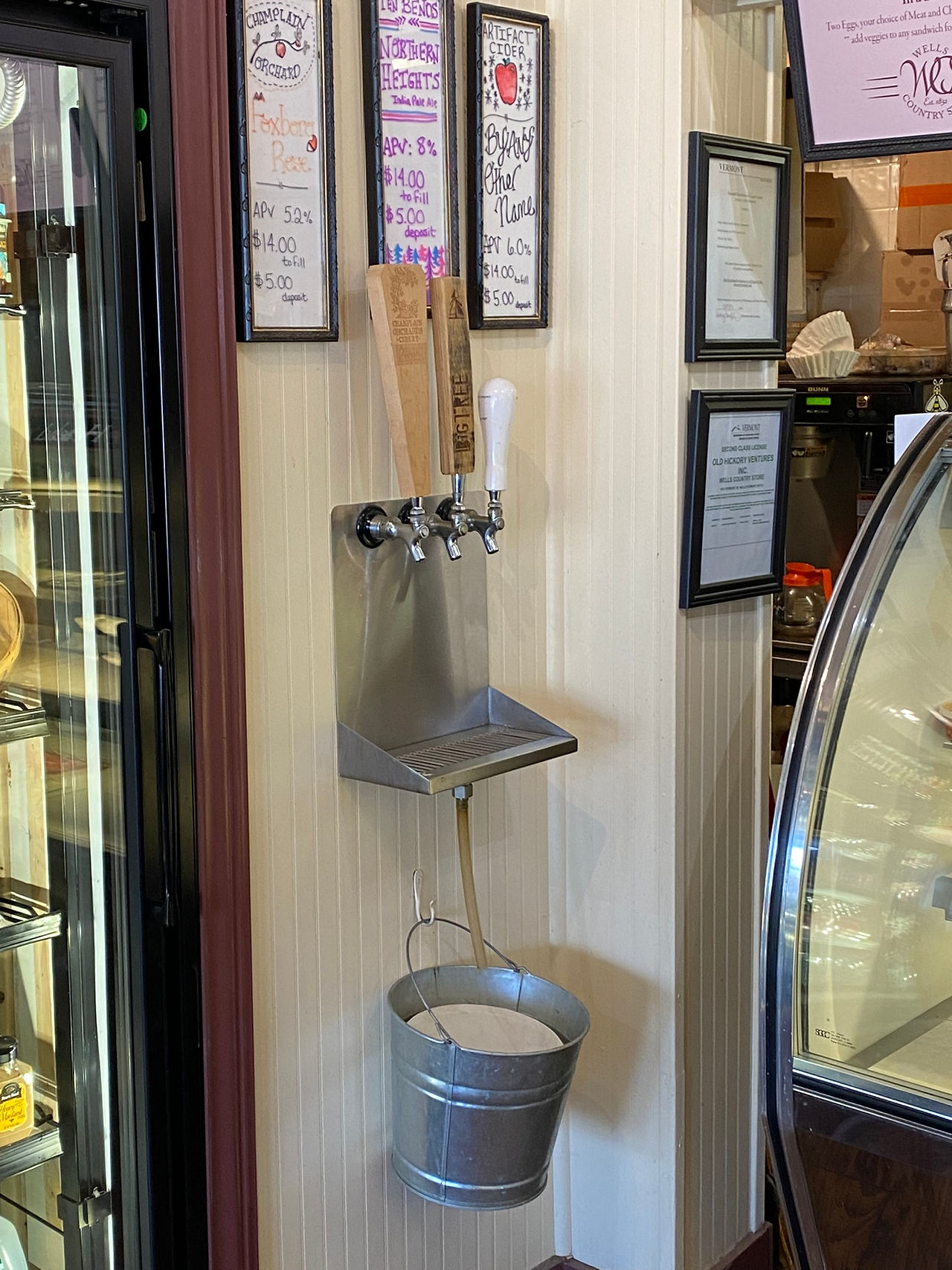 A store with local libations on tap (with a sap bucket to catch spillage)
