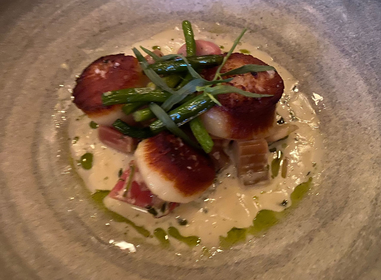 Pan-fried scallops from NB with rhubarb, verbena, virgin sauce, tarragon 