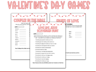 Christian Valentine’s Day printable games for kids featuring Bible scavenger hunt, scripture word scramble, and couples in the Bible matching activity.