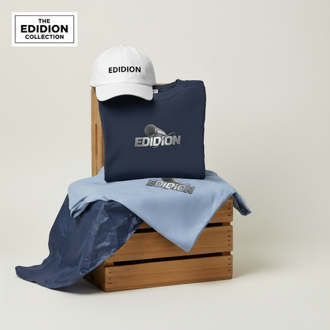The Edidion Collection merchandise including a white EDIDION baseball cap, a navy blue hoodie, and a light blue t-shirt, all featuring a silver microphone logo