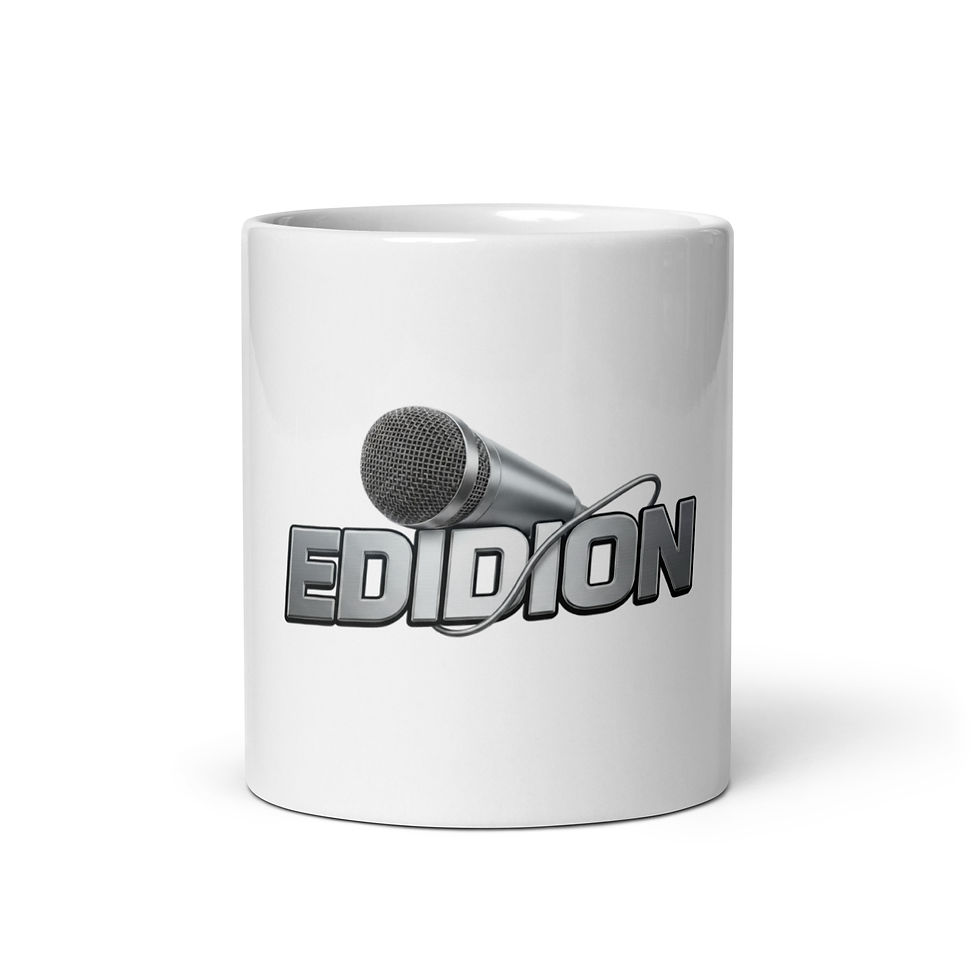 EDIDION Signature Ceramic Mug in White, front view with metallic logo.