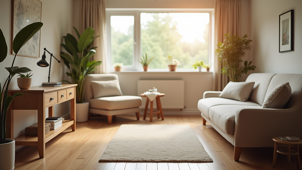 Close-up view of a serene therapy room with comfortable seating