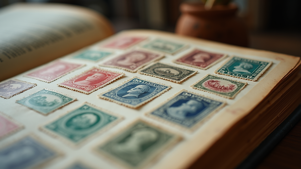 Close-up view of a vintage stamp collection in an album