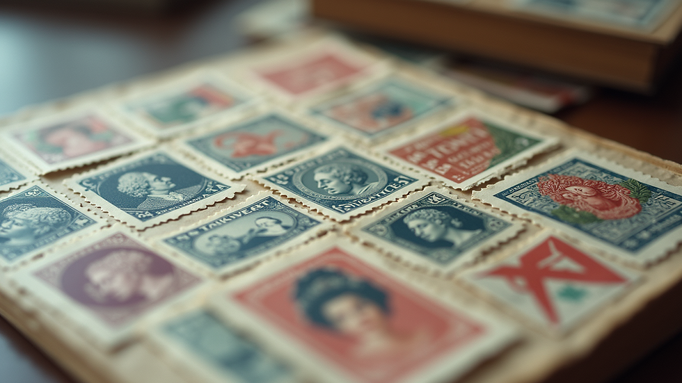 Close-up view of a collection of classic stamps