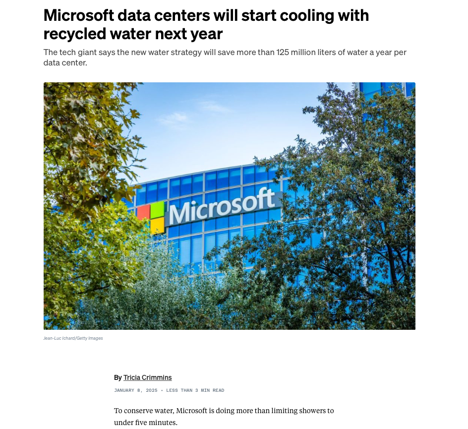 Microsoft data centers will start cooling with recycled water next year