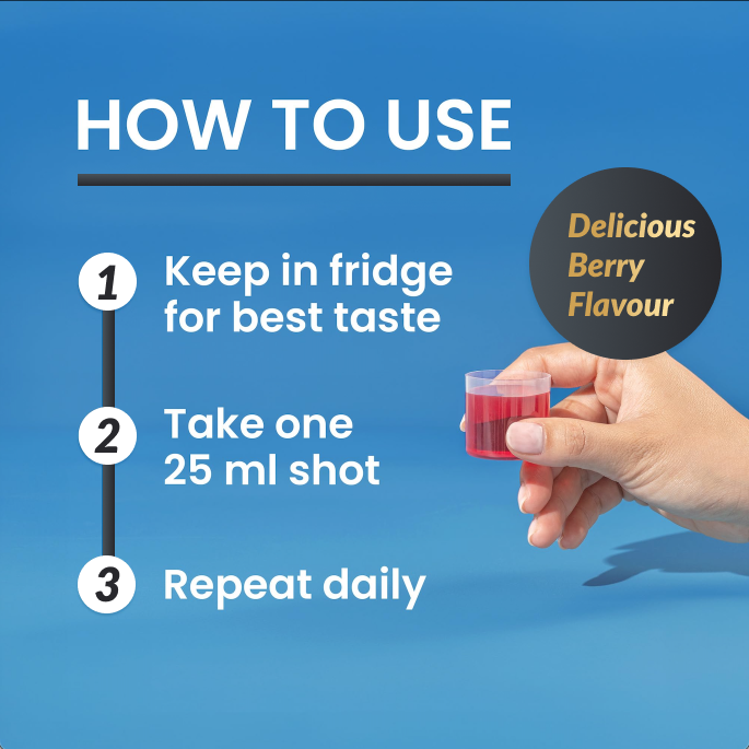Thumbnail: How to use: Keep in fridge. Take a 25ml shot. Repeat daily.