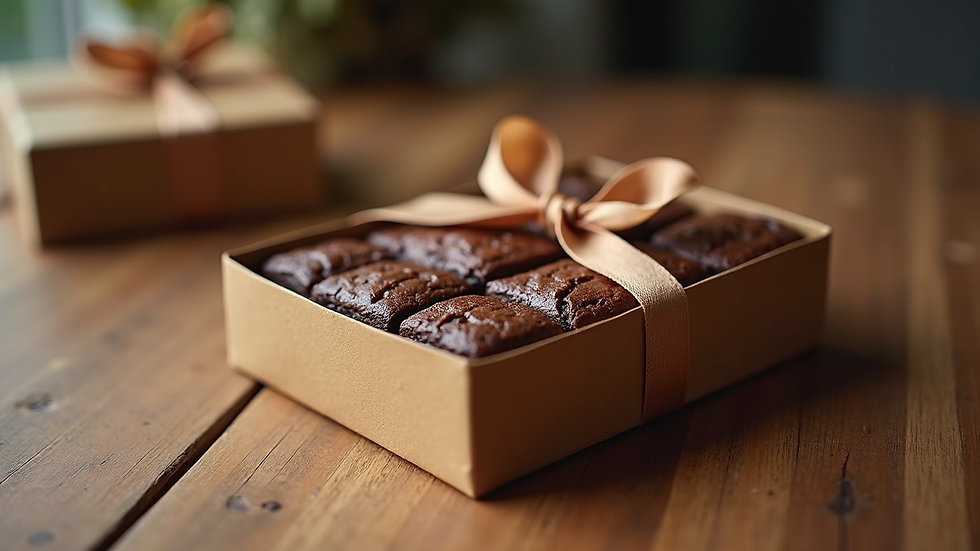 Eye-level view of a beautifully packaged brownie gift box on a wooden table