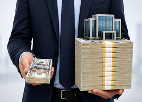 Business owner holding a small stack of cash beside a much larger stack representing company value.