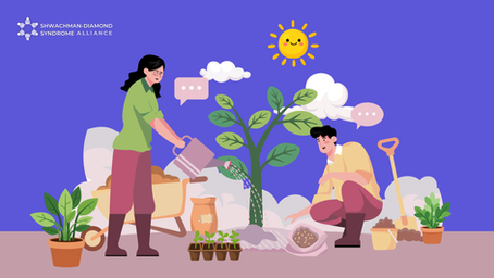 SDS Alliance garden illustration showing collaboration between researchers, funders, and the patient community toward a cure for Shwachman-Diamond Syndrome