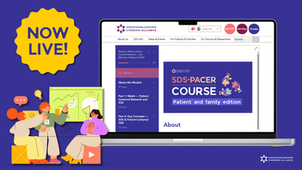 The SDS PACER Course — Patient and Family Edition is now live on the SDS Alliance website. Screenshot of Module 1 on patient-centered research displayed on a laptop, alongside an illustration of two people learning together with charts and a video player. A gold 'NOW LIVE!' badge in the upper left corner. SDS Alliance logo in the lower right.