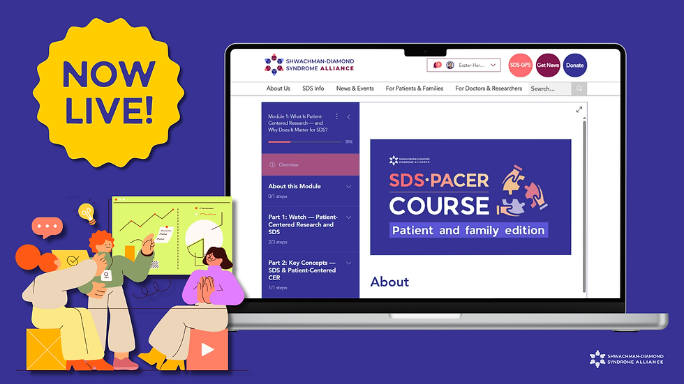 The SDS PACER Course — Patient and Family Edition is now live on the SDS Alliance website. Screenshot of Module 1 on patient-centered research displayed on a laptop, alongside an illustration of two people learning together with charts and a video player. A gold 'NOW LIVE!' badge in the upper left corner. SDS Alliance logo in the lower right.