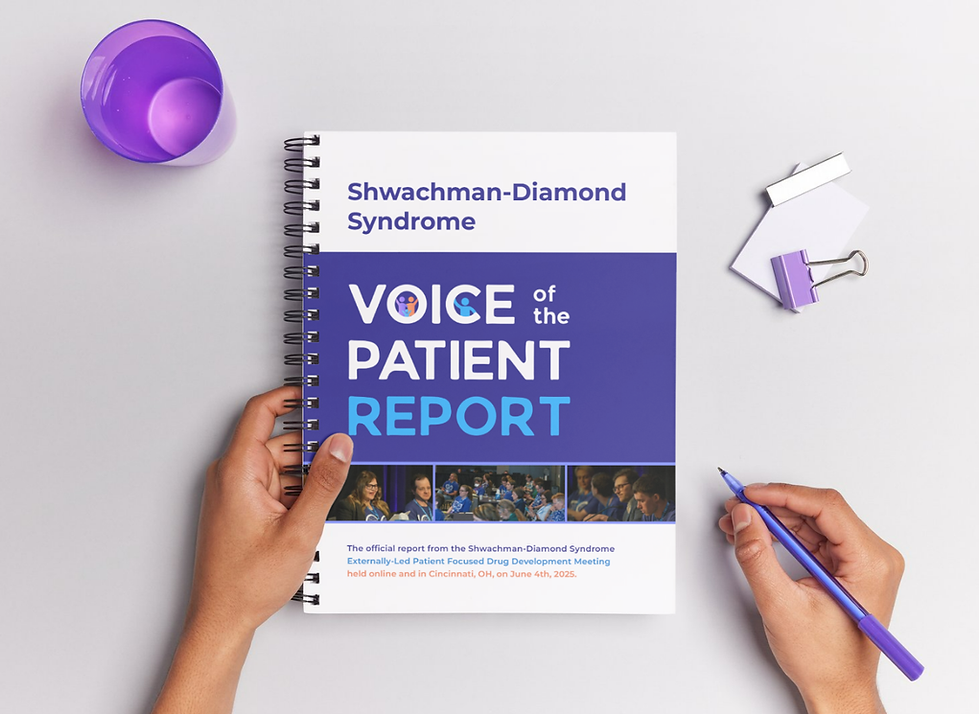 Cover of the Shwachman-Diamond Syndrome Voice of the Patient Report — the official EL-PFDD meeting report from the SDS Alliance held in June 2025 and published May 2026