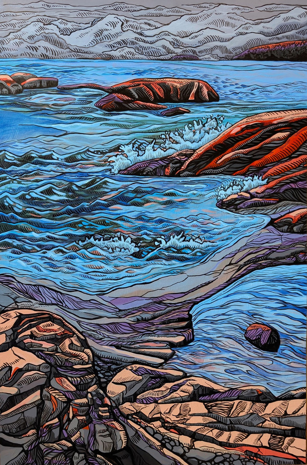 Acrylic landscape painting on wood panel. Little Presque Isle beach on a stormy day.