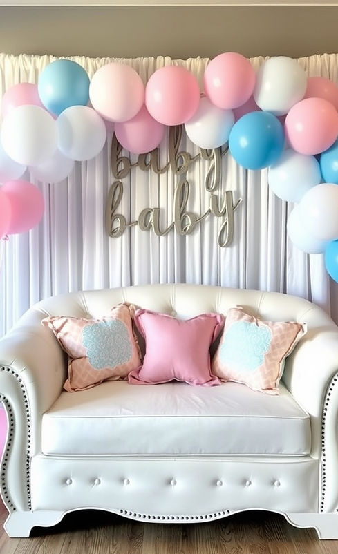 baby shower white couch chair with pink and blue balloons decorations .jpg