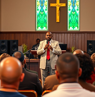 a preacher pproforming & giving his speach to the people at the church. with dj speakers i