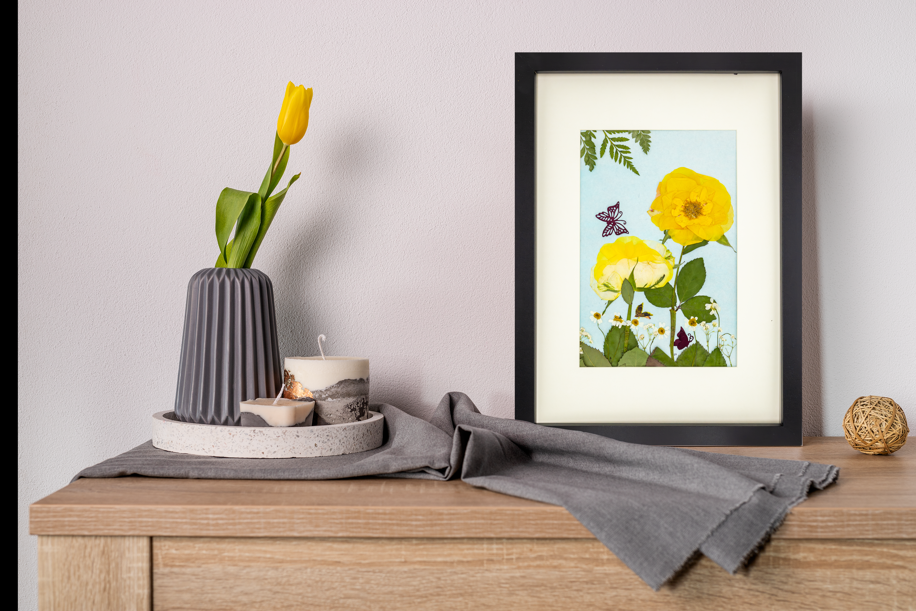 "Golden Light from the Garden"- Original Pressed Yellow Rose Art Frame (A3 Size)