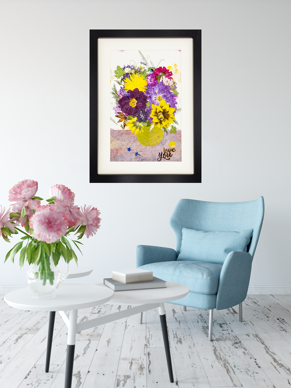 “Love You” – Original A3 Pressed Flower Art Frame with Real Floral