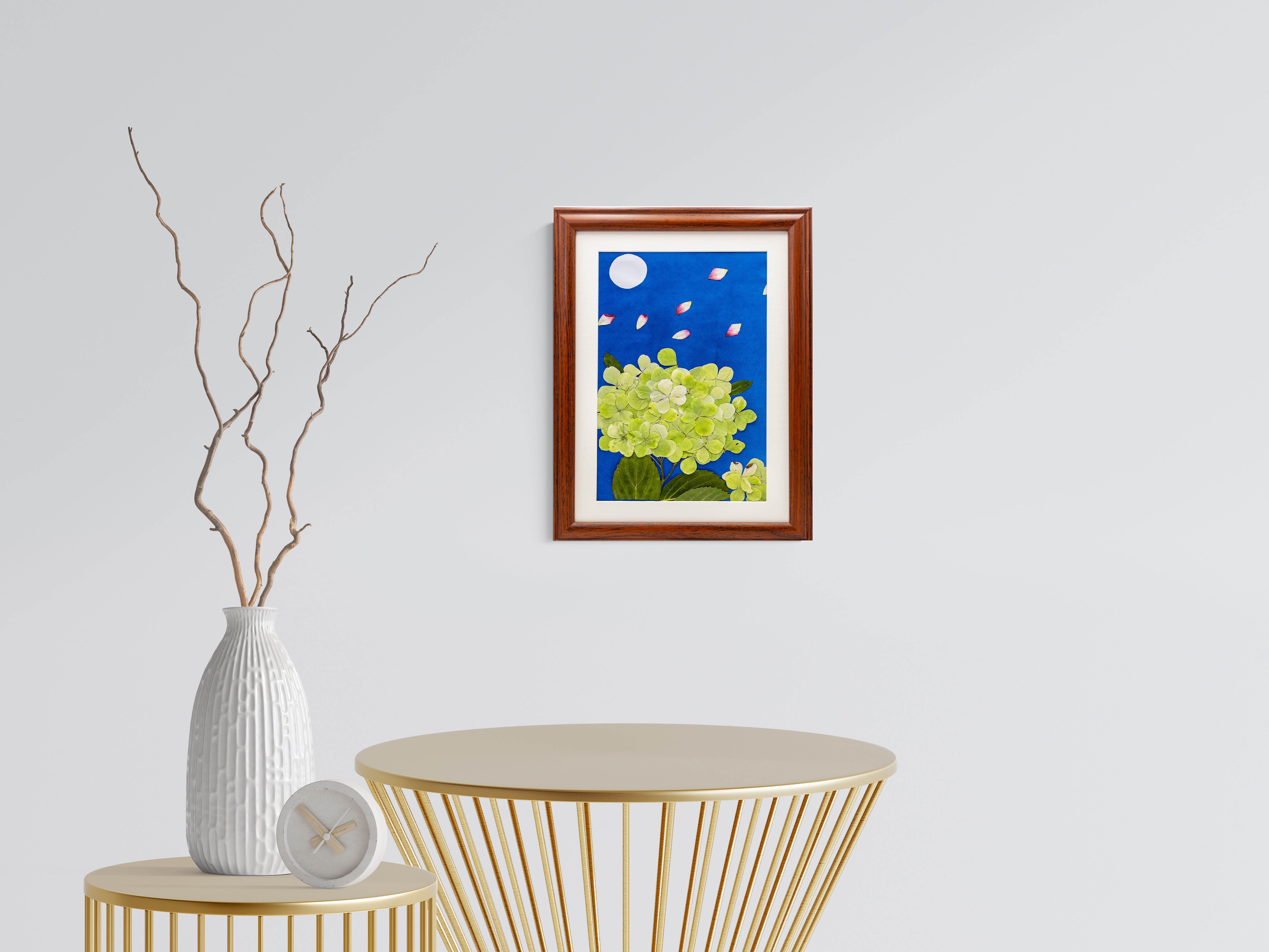 Under the Moon – Pressed Hydrangea Flowers with Cyanotype Background (A4)