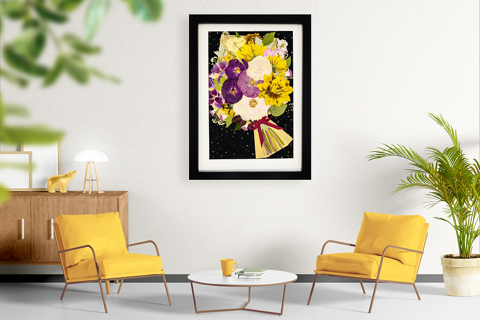 “A Handheld Garden of Sunshine” – A3 Original Pressed Flower Bouquet Art Frame w