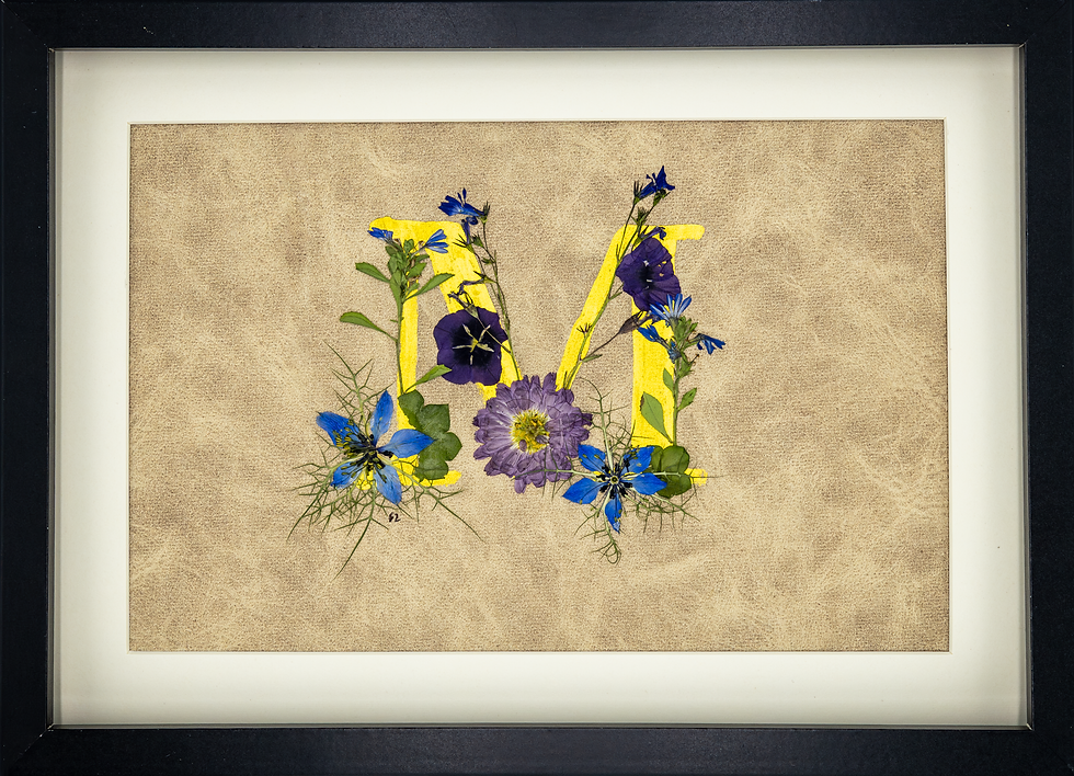 Golden Letter M Handmade Pressed Flower Monogram | A4 Botanical Wall Art