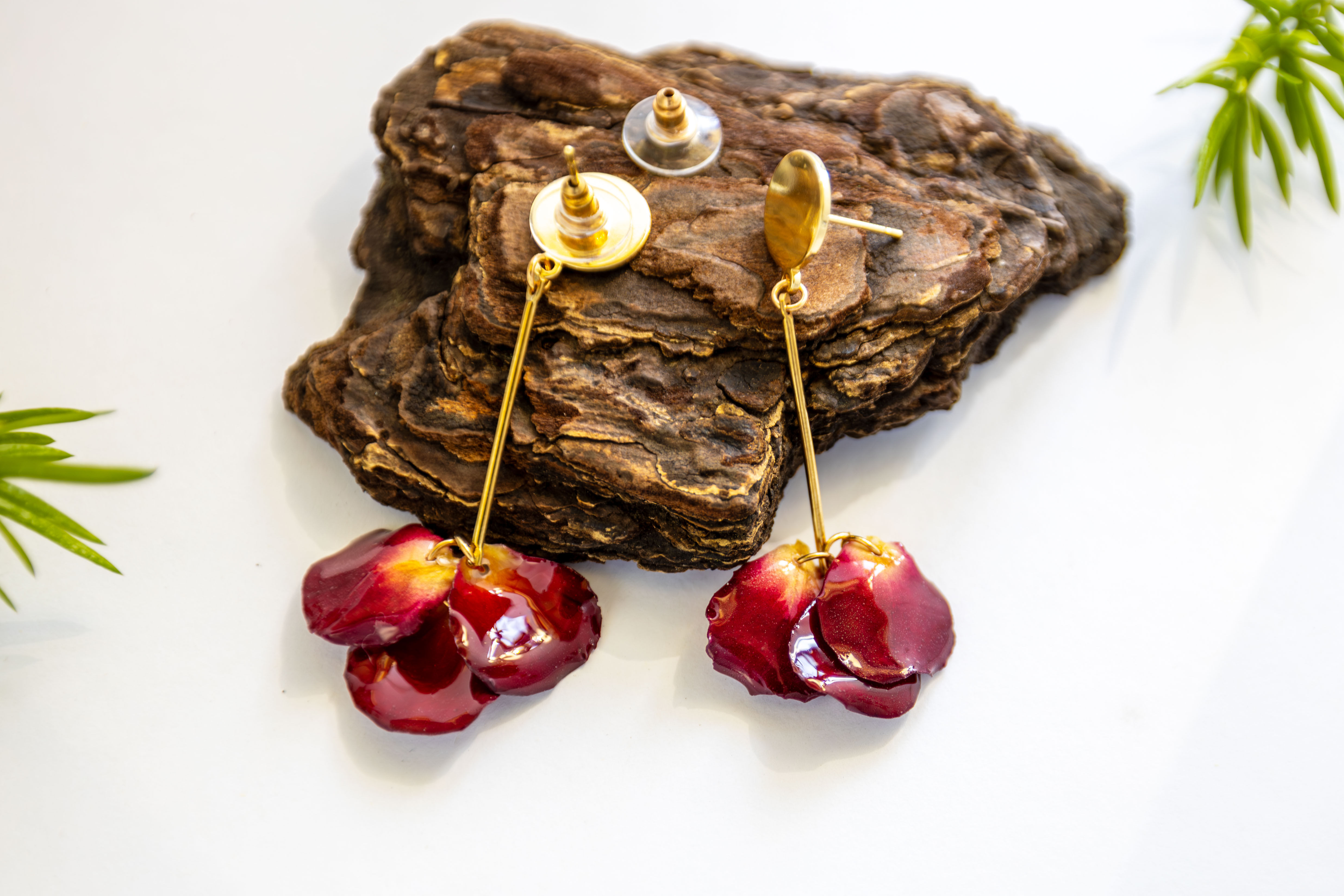 Romantic Long Stud Earrings with Real Red Rose Petals – A Symbol of Love