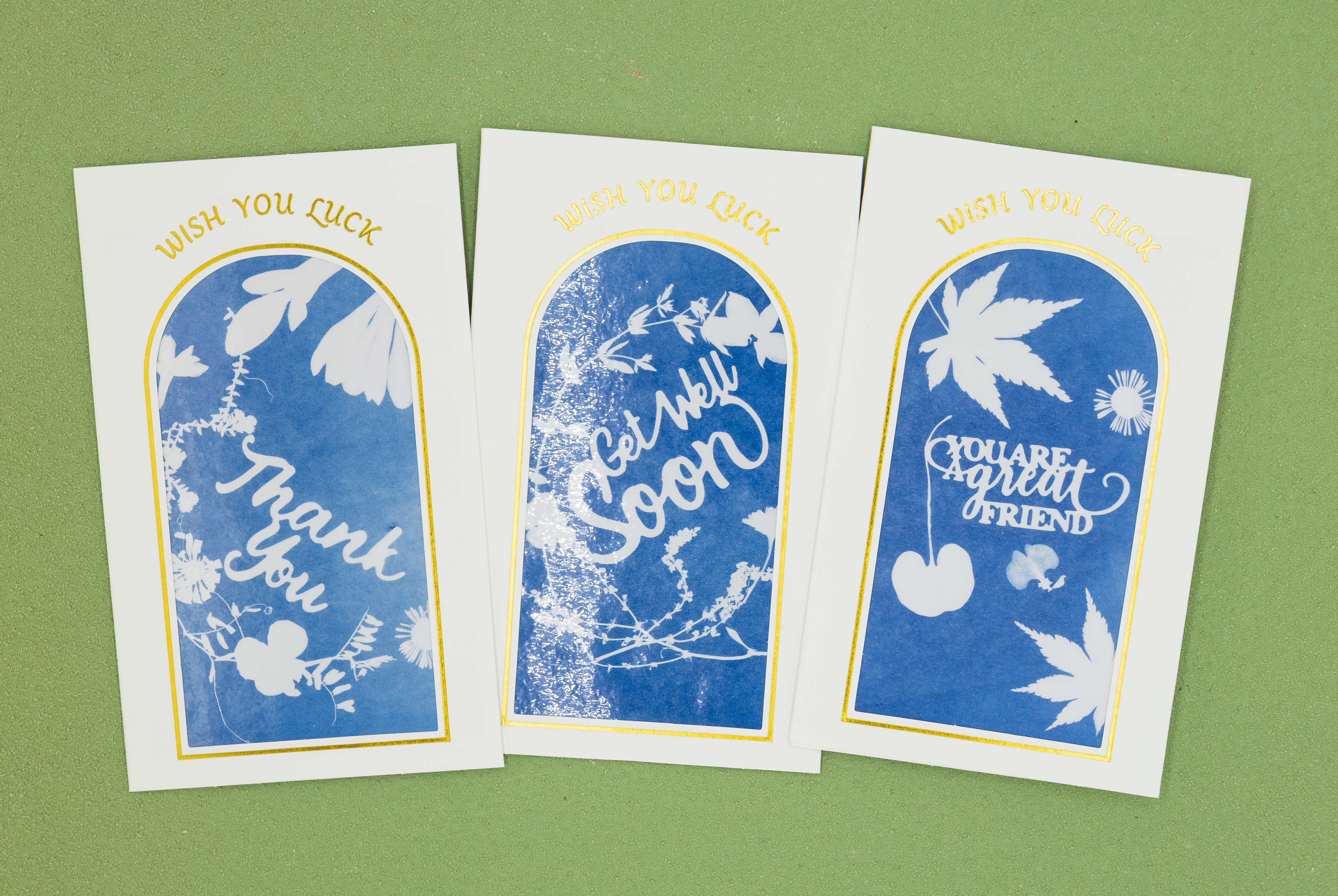 “Wish You Luck” – Original Handmade Cyanotype Greeting Card with Gold Foil Text