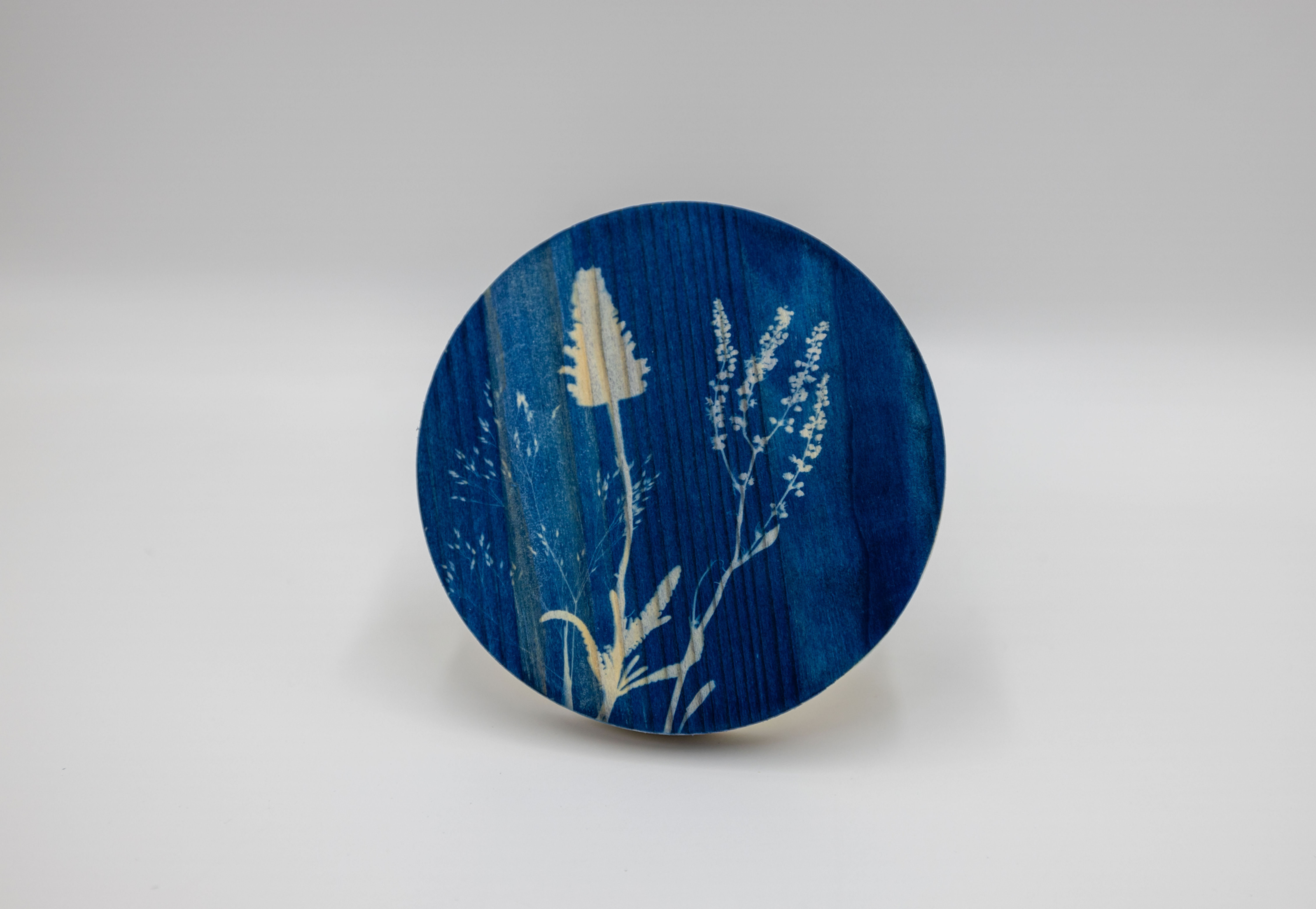 Cyanotype Sunprint Wooden Coaster – 12 cm Diameter, Unique Design