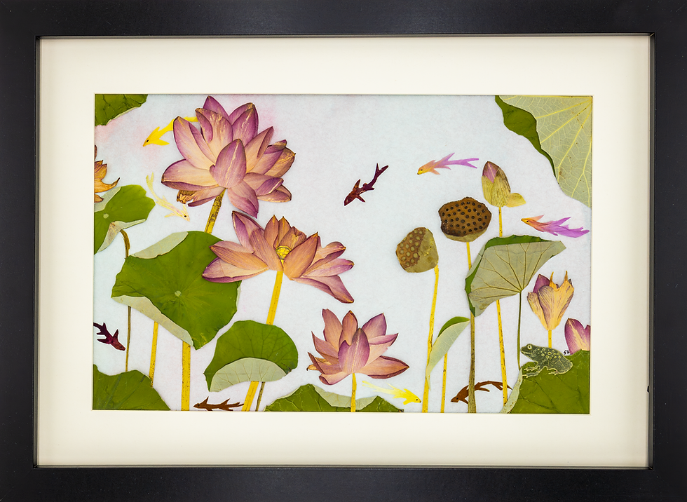 “Fish Dancing in the Lotus Pond” – Original Pressed Flower Art Frame (A3 Size)