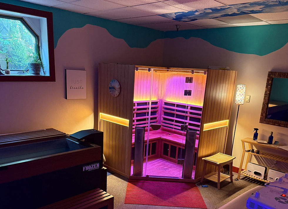Eye-level view of a modern infrared sauna cabin with wooden interior