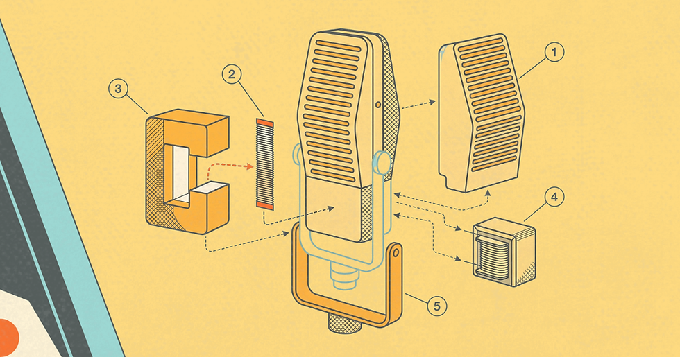 Exploded-view illustration of a vintage ribbon microphone broken into labeled components. By Erik Walter Thompson, Sonic Branding Strategist and Founder of Walter Audio.