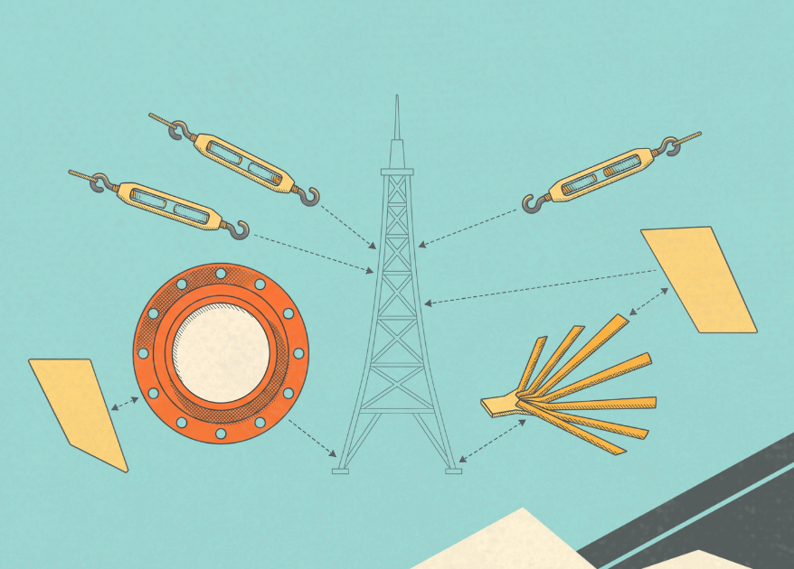 Exploded-view schematic of a broadcast tower's guy wires, base flange, and ground radials, with the tower itself drawn as an empty outline