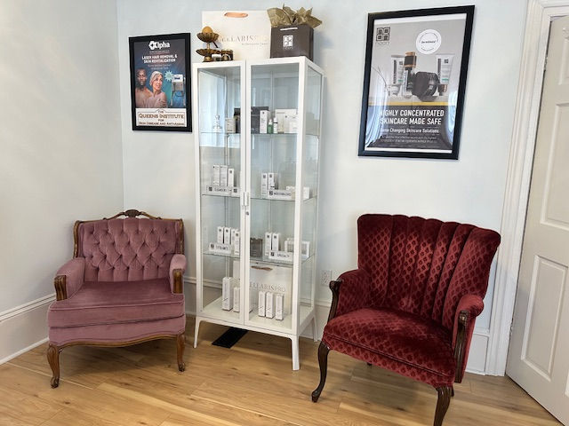 a glass cabinet with NOON skin care products