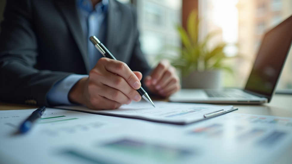 Eye-level view of a business professional reviewing documents on a desk