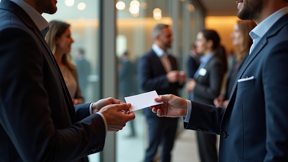 High angle view of a business networking event with professionals exchanging business cards