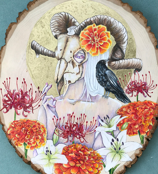 Ingrid Galindo _Death_ 10x12in Colored Pencil and Gold Ink on Raw Wood.JPG