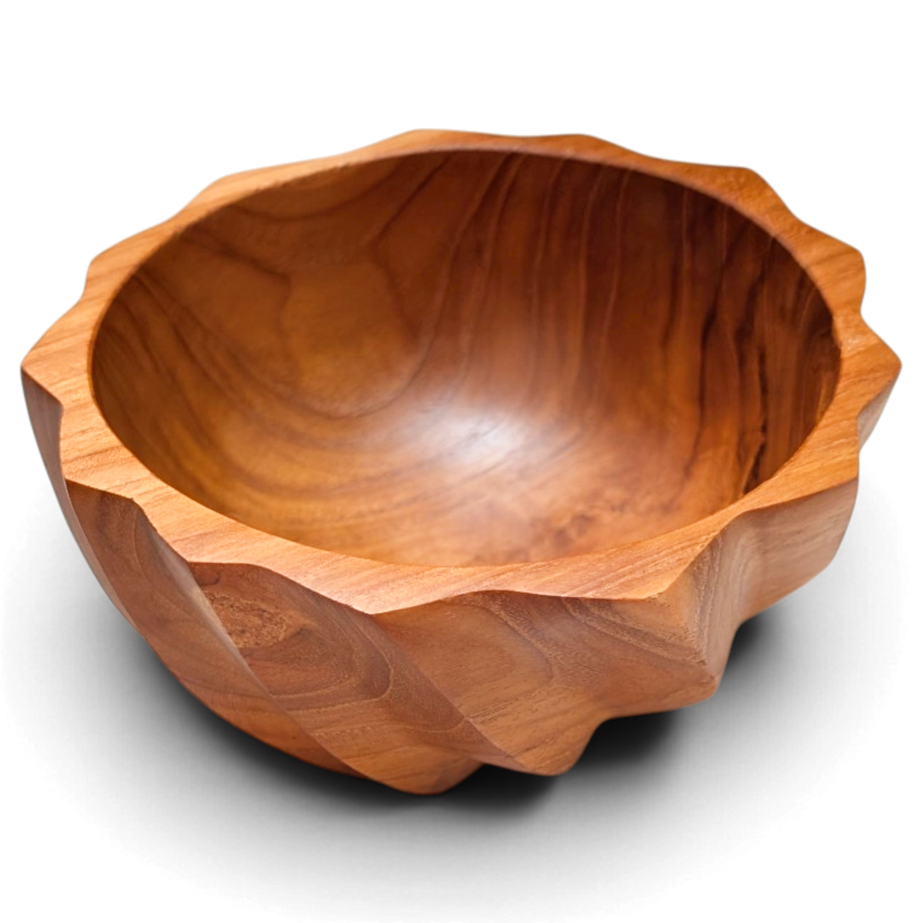 Amber-toned teak snack bowl with clearly visible grain