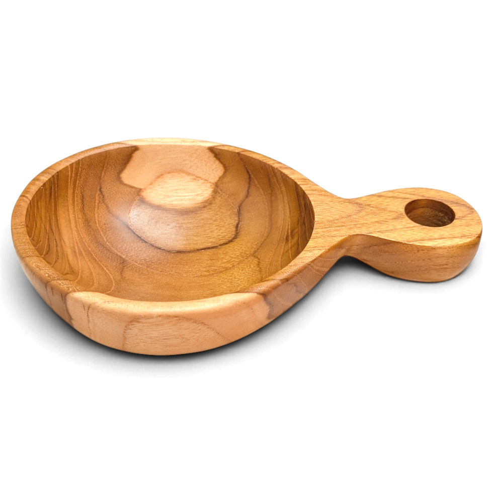 Angled view of a handled teak sauce bowl with a deep rounded center