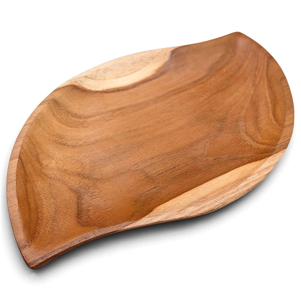 Artisan buffet table dish with warm natural teak grain