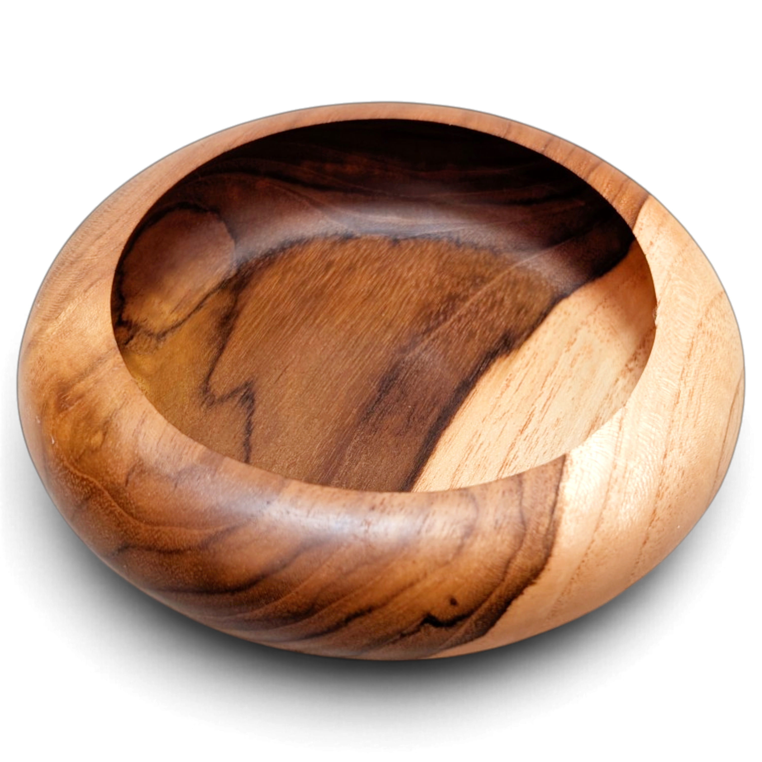 Artisan-made swirled teak nut bowl with warm tones and expressive grain