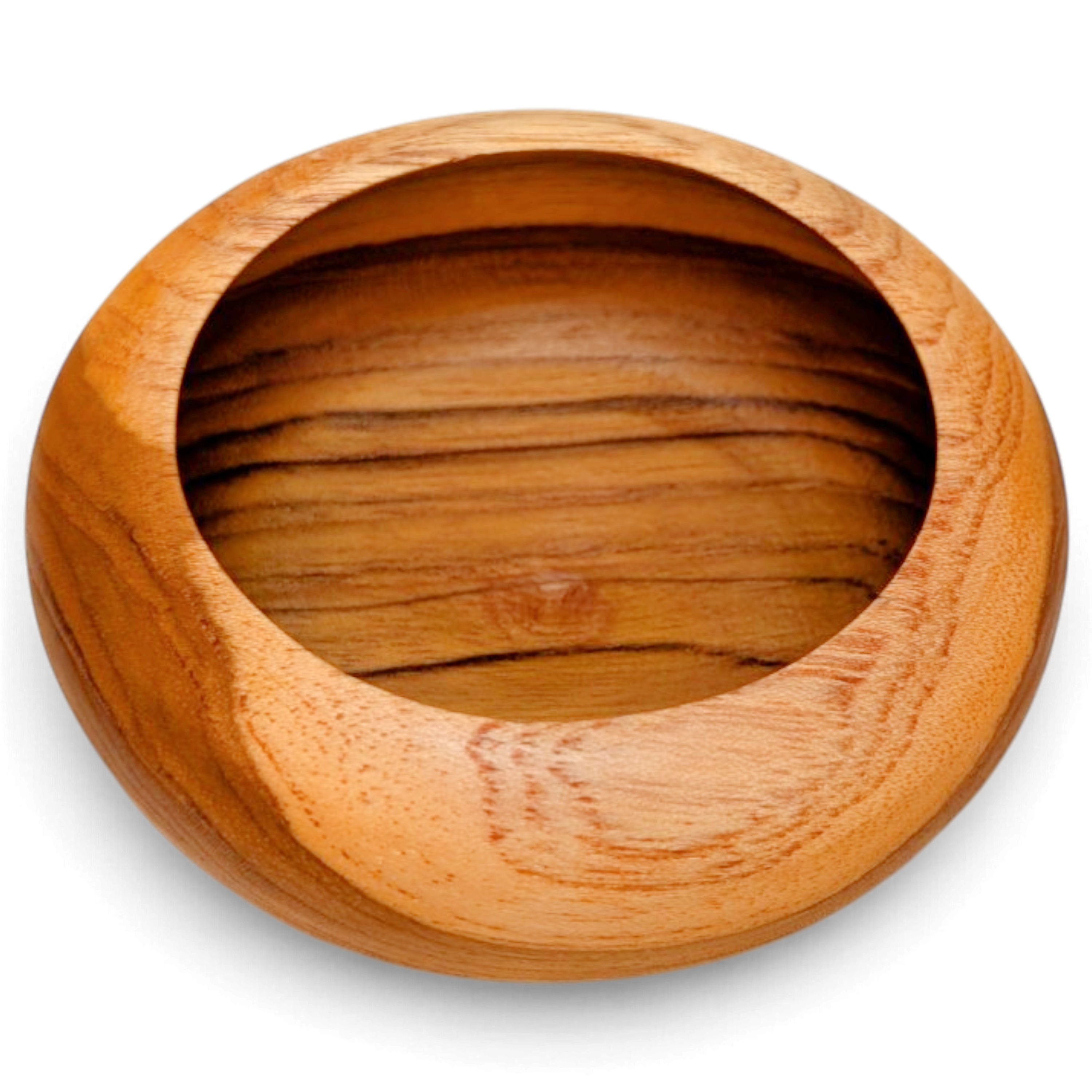 Carved two-tone teak sauce bowl with contrasting light and dark wood grain