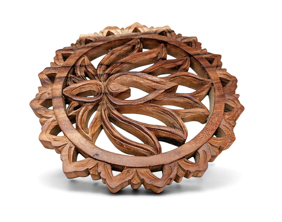 Thumbnail: Botanical teak wall art with a lotus flower inside a circular frame