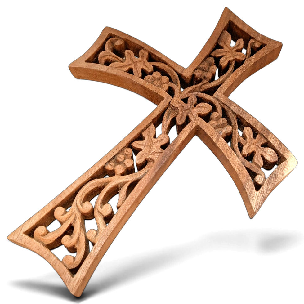 Thumbnail: Carved teak cross displaying natural variations in wood grain and coloring